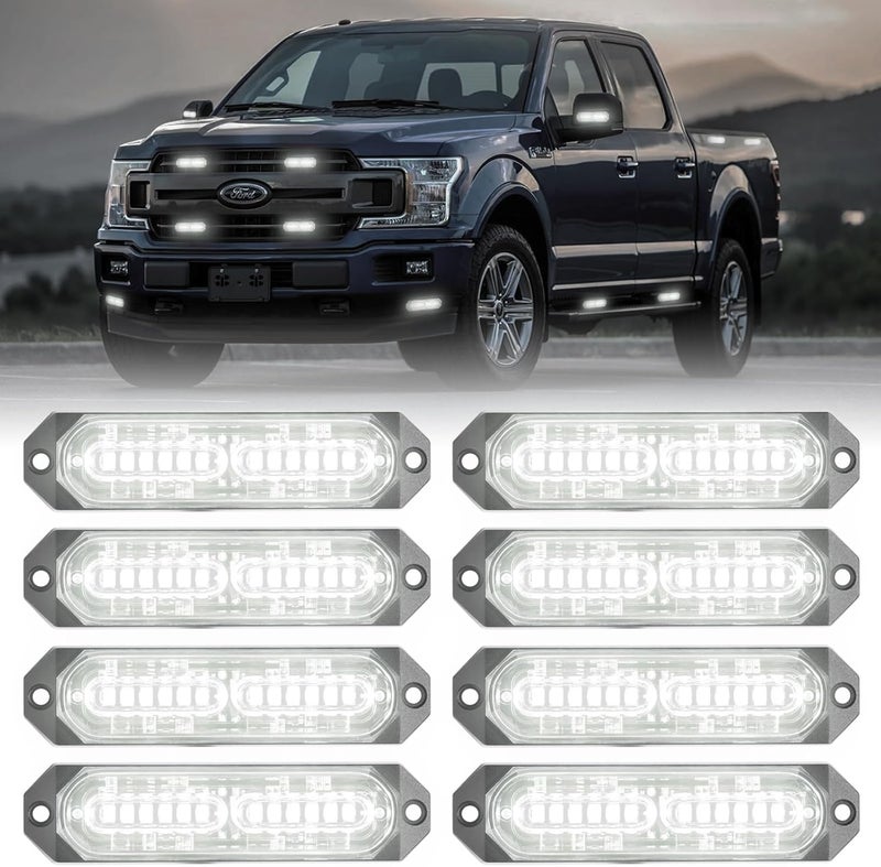 PKINGLAKE 8-Pcs 12 LED Sync Feature Emergency Strobe Grille Lights Ultra Slim Surface Mount Hazard Warning Flashing Light Bar for Firefighter/Construction/Police/Trucks/Vehicles/Car/SUV (White) - Image 1